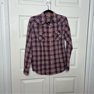 Wrangler Plaid Western Button-Up Shirt Women’s Medium Red Blue Pearl Snap Top